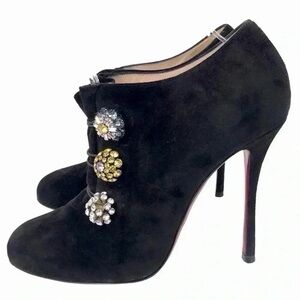 Christian Louboutin Bootini MJ 100mm Black Suede Crystal Button Ankle Boots 37